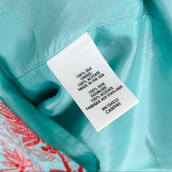 Nanette Lepore Teal & Red 100% Silk Peplum Waist Palm Print Dress Size 4 - Picture 11 of 13